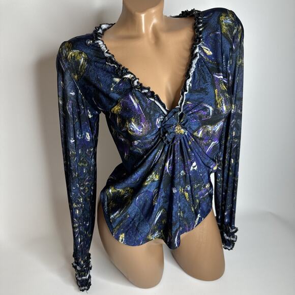Y2k Roberto Cavalli Ruffle Heart Print Top S Italy Romantic Glam Designer Rare - Picture 1 of 14